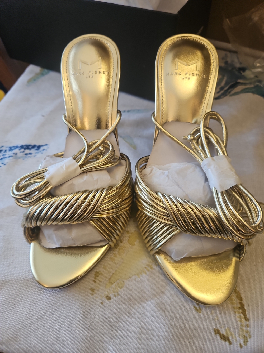 Marc Fisher Metallic Gold Braided Wrap Heels